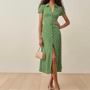 Reformation Green Polka Dot Button-Front Midi Dress